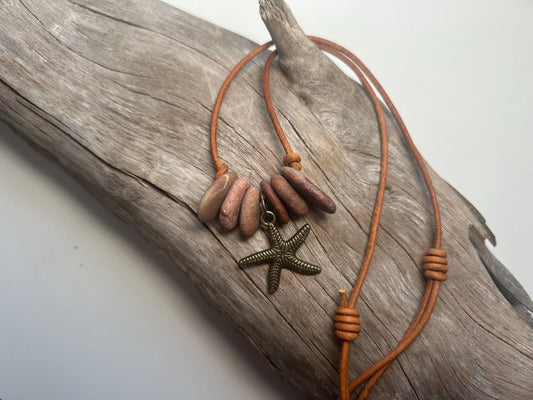 Lake Superior Genuine Leather Flat Cairn Stone Pebble Charm Zen Boho Adjustable Necklace