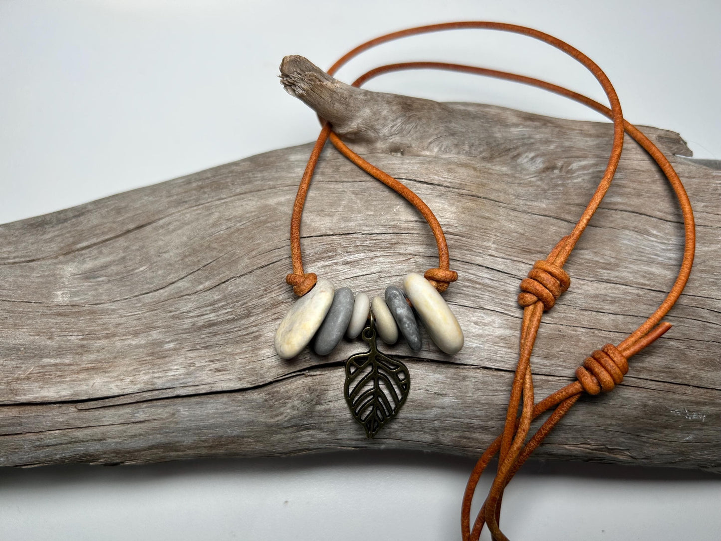Lake Superior Genuine Leather Flat Cairn Stone Pebble Charm Zen Boho Adjustable Necklace