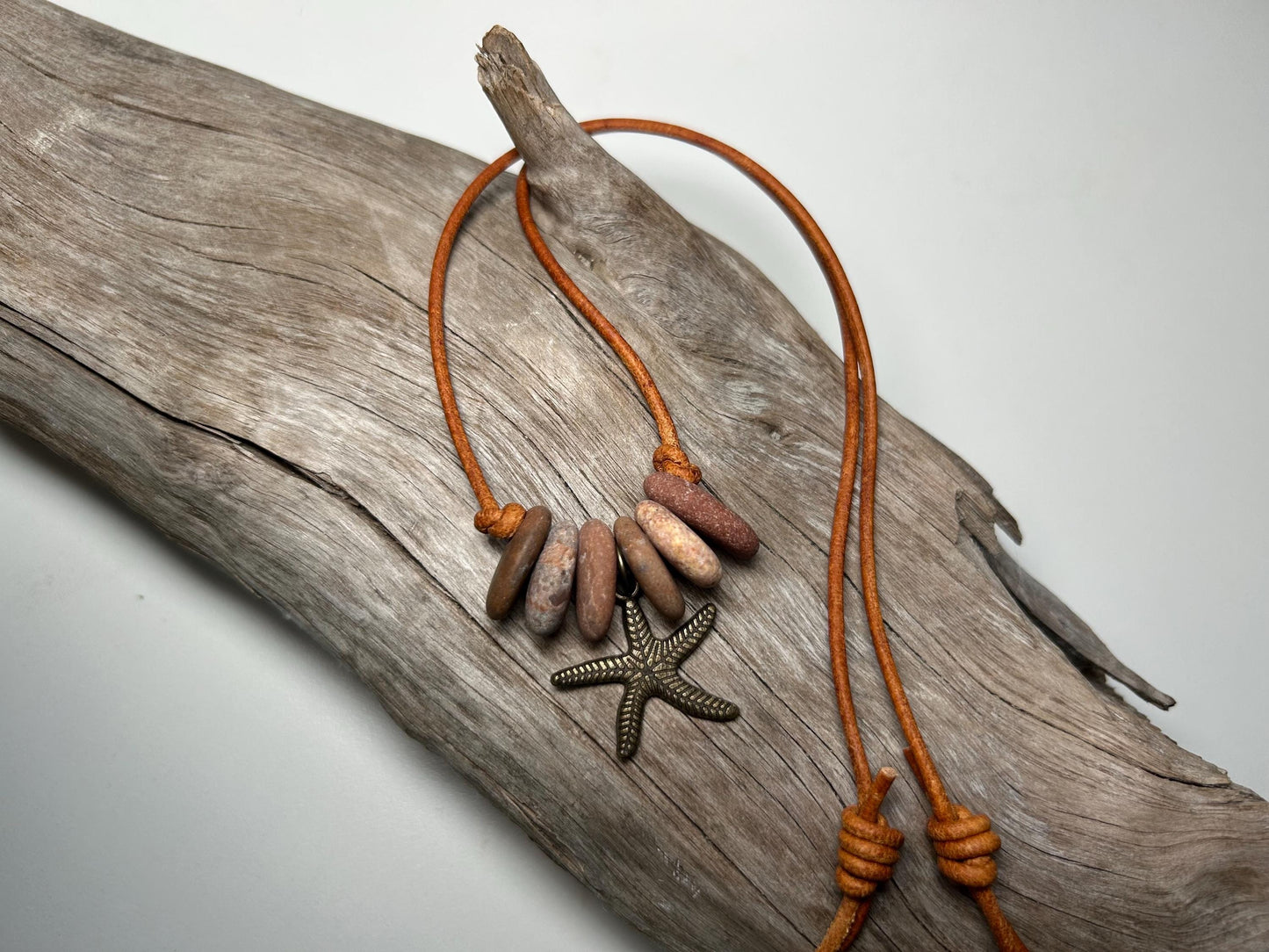 Lake Superior Genuine Leather Flat Cairn Stone Pebble Charm Zen Boho Adjustable Necklace