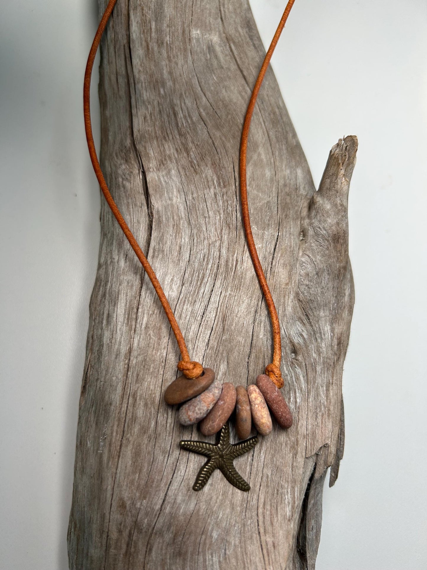 Lake Superior Genuine Leather Flat Cairn Stone Pebble Charm Zen Boho Adjustable Necklace