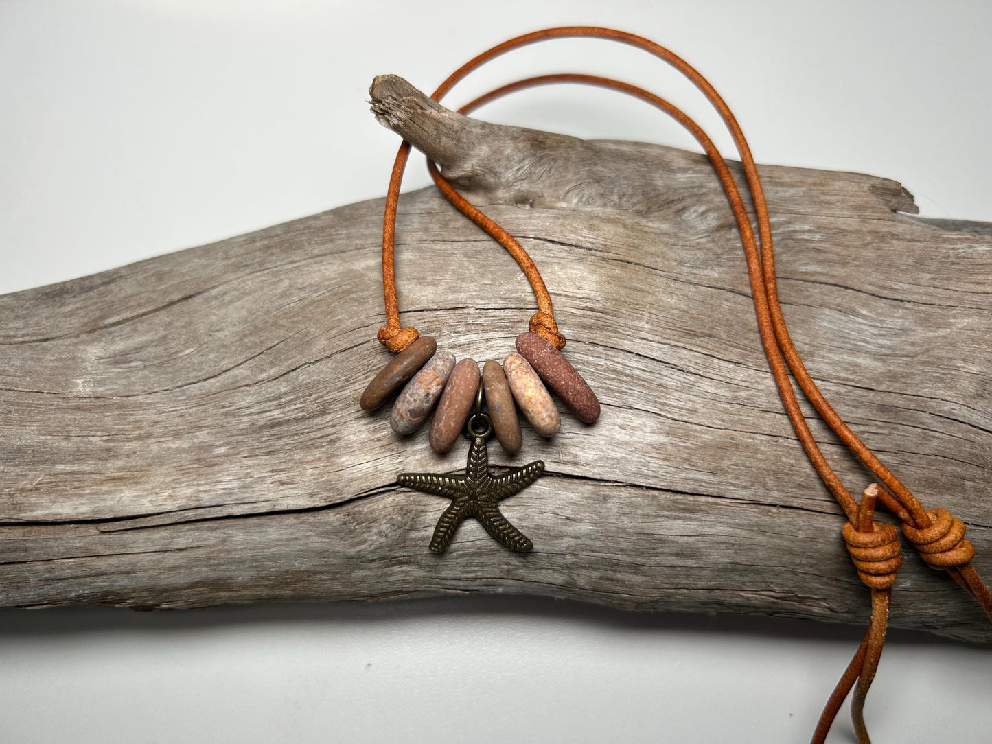 Lake Superior Genuine Leather Flat Cairn Stone Pebble Charm Zen Boho Adjustable Necklace