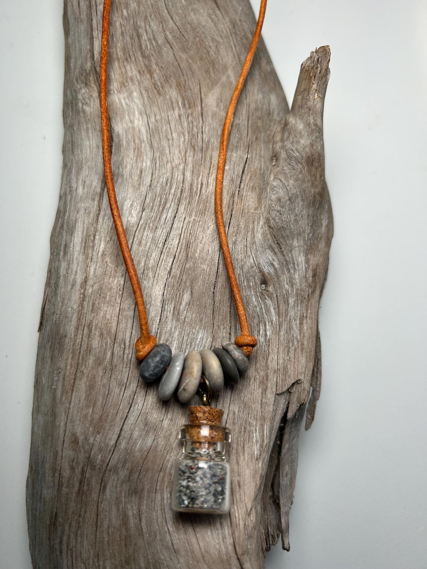 Lake Superior Genuine Leather Flat Cairn Stone Pebble Charm Zen Boho Adjustable Necklace