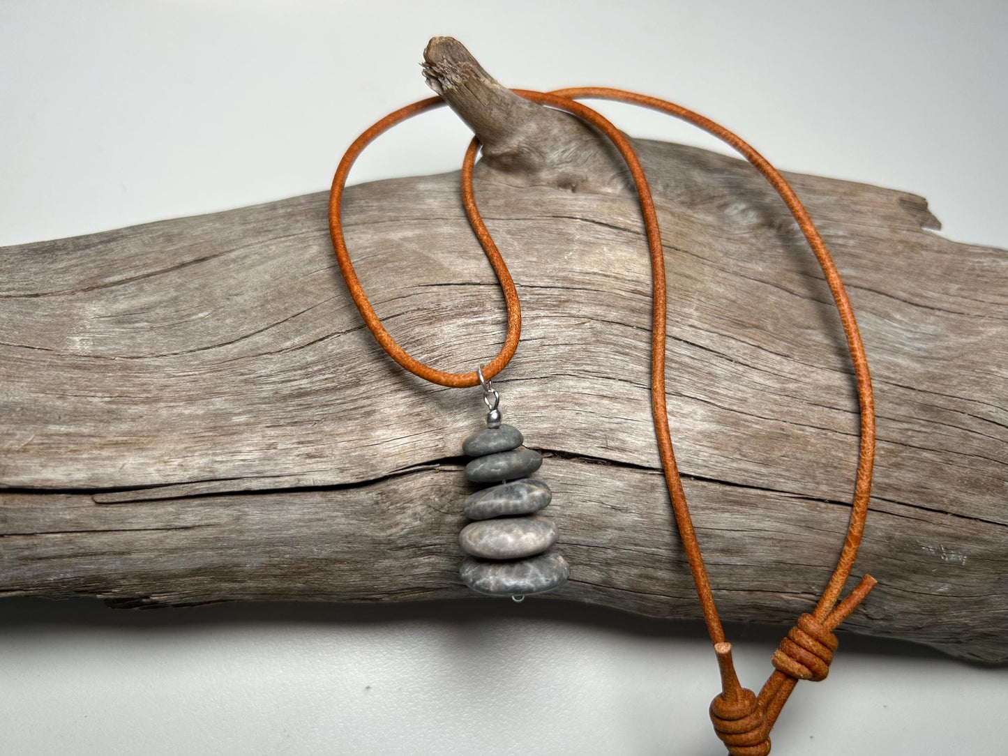 Lake Superior Genuine Leather Flat Cairn Stone Pebble Zen Boho Adjustable Necklace