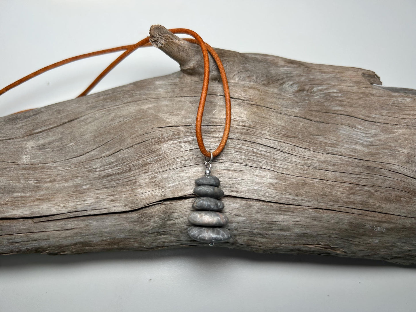 Lake Superior Genuine Leather Flat Cairn Stone Pebble Zen Boho Adjustable Necklace