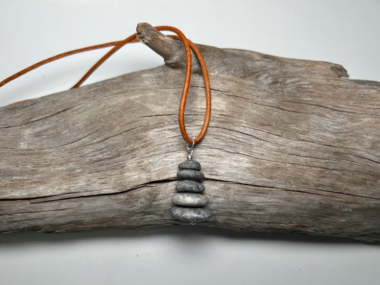 Lake Superior Genuine Leather Flat Cairn Stone Pebble Zen Boho Adjustable Necklace
