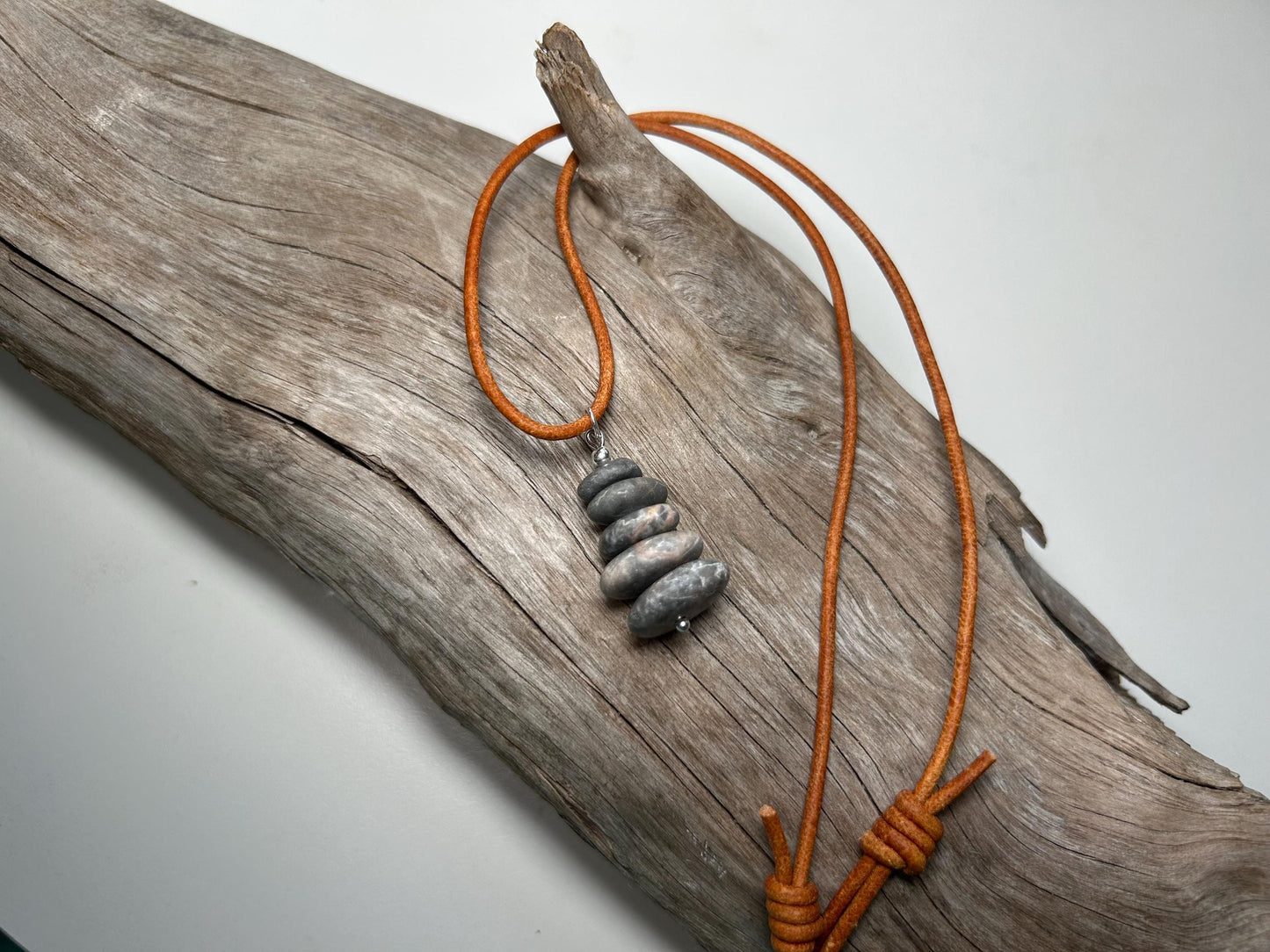 Lake Superior Genuine Leather Flat Cairn Stone Pebble Zen Boho Adjustable Necklace