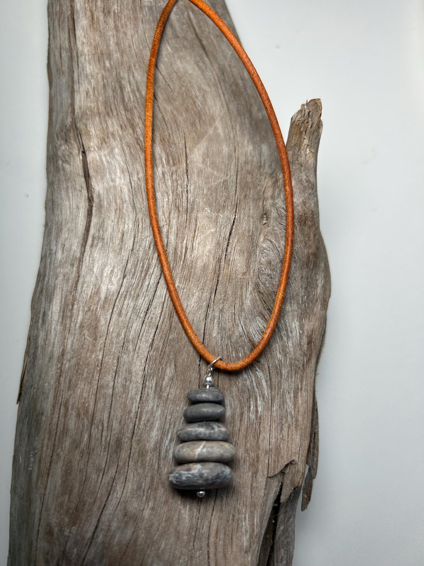 Lake Superior Genuine Leather Flat Cairn Stone Pebble Zen Boho Adjustable Necklace