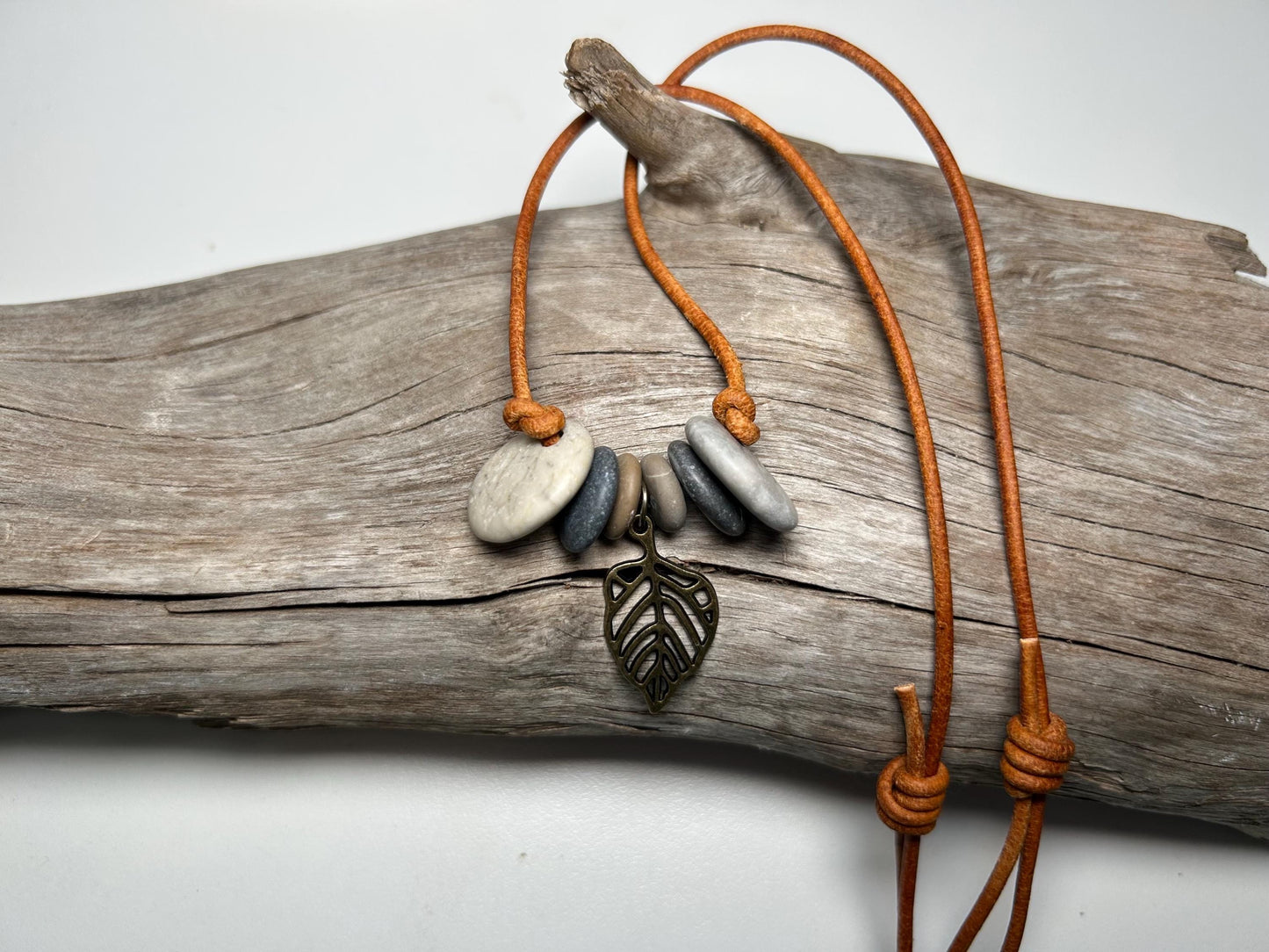 Lake Superior Genuine Leather Flat Cairn Stone Pebble Charm Zen Boho Adjustable Necklace