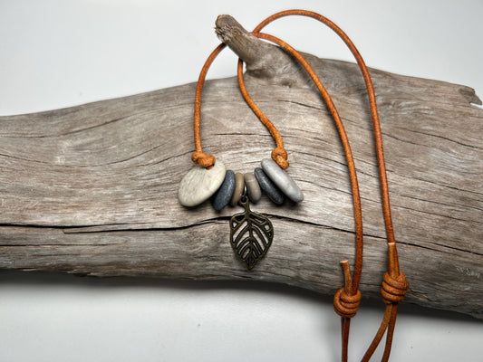 Lake Superior Genuine Leather Flat Cairn Stone Pebble Charm Zen Boho Adjustable Necklace