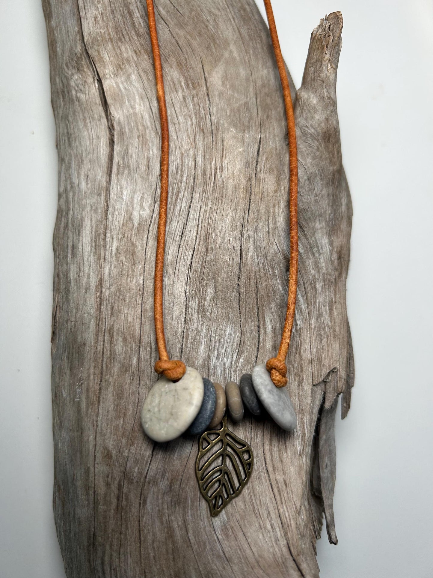 Lake Superior Genuine Leather Flat Cairn Stone Pebble Charm Zen Boho Adjustable Necklace