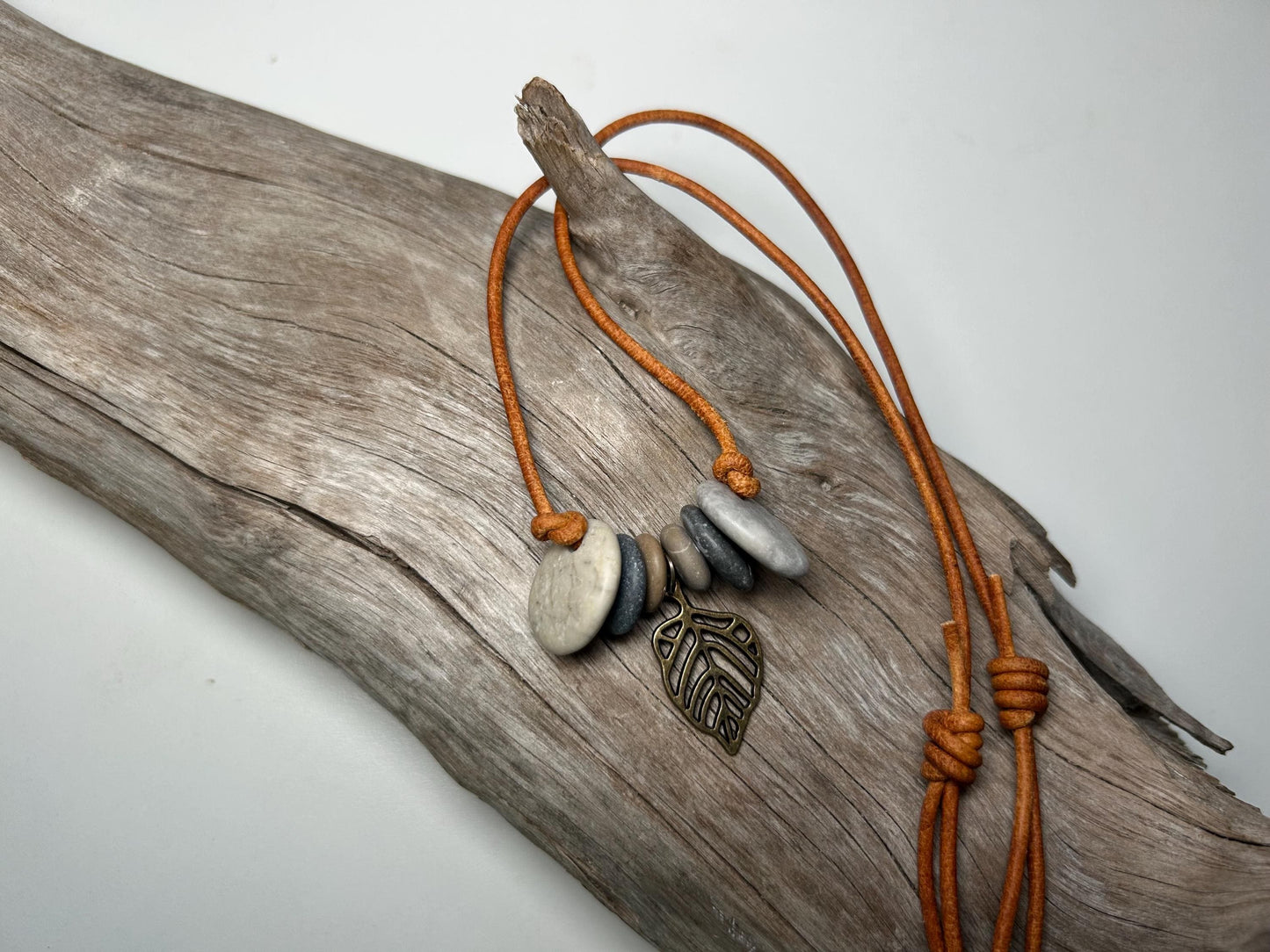 Lake Superior Genuine Leather Flat Cairn Stone Pebble Charm Zen Boho Adjustable Necklace
