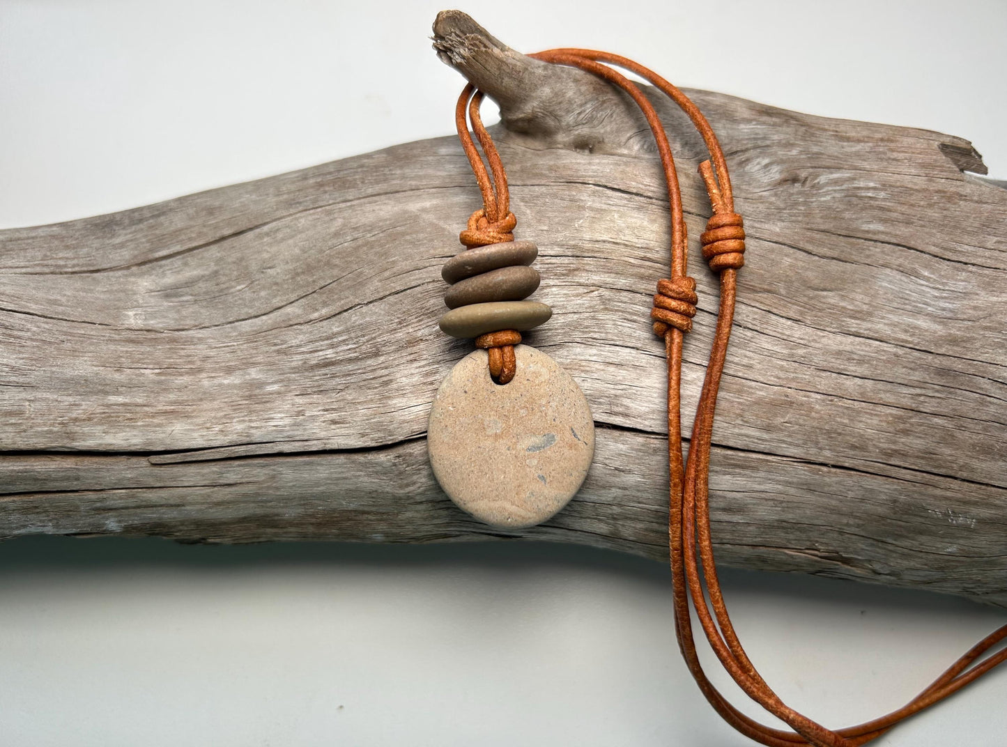 Lake Superior Genuine Leather Flat Cairn Stone Pebble Zen Boho Adjustable Necklace
